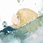  1girl absurdres bandage_on_face bandages blonde_hair chromatic_aberration closed_mouth commentary dutch_angle flower grey_eyes highres lobelia_(saclia) lying_on_water original portrait profile reflection short_hair solo water white_flower 