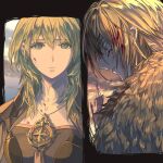  1boy 1girl armor bangs blonde_hair blood blood_in_hair blood_on_clothes blood_on_face blue_eyes blue_sky breastplate byleth_(fire_emblem) byleth_(fire_emblem)_(female) cape close-up closed_mouth cloud collar colored_eyelashes commentary_request day detached_collar dimitri_alexandre_blaiddyd ears eyebrows_visible_through_hair eyelashes face fire_emblem fire_emblem:_three_houses flag flagpole frown fur_cape green_eyes green_hair hair_between_eyes harusame_(rueken) long_hair looking_at_viewer looking_back medium_hair orange_sky outdoors parted_lips portrait shaded_face shiny shiny_hair shoulder_armor sidelocks sky standing torn_flag upper_body white_collar worried 