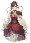  1girl armor asymmetrical_clothes au_ra avatar_(ffxiv) bangs breasts brown_eyes brown_hair commission dragon_girl final_fantasy final_fantasy_xiv hair_ornament highres ivris looking_at_viewer medium_breasts parted_bangs scales short_hair shoulder_armor skeb_commission solo 