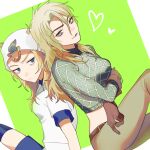  2girls absurdres argyle argyle_sweater blonde_hair diego_brando dinosaur_tail fangs genderswap genderswap_(mtf) gloves green_shirt hat highres johnny_joestar jojo_no_kimyou_na_bouken long_hair midriff multiple_girls scary_monsters_(stand) shirt shorts slit_pupils steel_ball_run sweater t-shirt tail turtleneck yashio_kurenai 