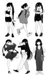  1girl backpack bag bangs blush_stickers braid breasts clenched_hands double_bun fang fang_out fumitan_(humitan) greyscale hand_in_hair hat high-waist_pants high-waist_shorts highres hood hoodie leg_up long_hair looking_at_viewer midriff monochrome multiple_views navel original ponytail simple_background sleeves_past_wrists smile towel twin_braids twintails white_background 