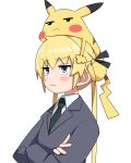  1girl :&lt; black_necktie black_ribbon blazer blonde_hair blue_eyes blush_stickers closed_mouth collared_shirt crossed_arms crossover eyebrows_visible_through_hair gotcha! grey_jacket hair_ribbon highres jacket kill_me_baby long_hair long_sleeves looking_up necktie on_head pikachu pokemon pokemon_(creature) pokemon_on_head ribbon school_uniform shirt simple_background sonya_(kill_me_baby) twintails upper_body white_background yachima_tana 