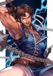  1boy bangs blue_eyes blurry brown_hair castlevania castlevania:_rondo_of_blood depth_of_field hairband holding holding_weapon hungry_clicker lightning looking_at_viewer male_focus muscular muscular_male open_mouth richter_belmont short_hair solo spikes torn_clothes torn_sleeves upper_body v-shaped_eyebrows weapon white_hairband 