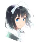  1girl backlighting bangs black_hair blue_eyes blunt_bangs bob_cut bow bowtie closed_mouth commentary_request dot_nose eyebrows_visible_through_hair face floating_hair frilled_hairband frills from_side hairband looking_at_viewer looking_to_the_side maeya_susumu maid maid-san_wa_taberu_dake maid_headdress portrait short_hair signature simple_background smile solo suzume_(maid-san_wa_taberu_dake) tareme white_background white_bow white_bowtie white_hairband wing_collar 