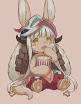  1other ambiguous_gender animal_ears armor bangs barefoot blunt_bangs blush_stickers choke_(amamarin) cup disposable_cup eating food full_body furry hand_up helmet highres holding holding_food horizontal_pupils horns japanese_armor kabuto looking_at_viewer made_in_abyss nanachi_(made_in_abyss) open_mouth pants popcorn rabbit_ears red_background red_pants short_hair simple_background sitting solo tail whiskers white_hair yellow_eyes 