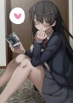  1girl bangs black_hair blazer blush book bow bowtie breasts commentary_request glasses heart jacket long_hair looking_at_viewer mishiranu_joshikousei_ni_kankin_sareta_mangaka_no_hanashi pleated_skirt ryouma_(galley) sitting skirt smile solo yellow_eyes 