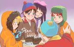  1girl 4boys beanie beret birthday birthday_cake birthday_party black_hair blonde_hair blue_eyes brown_hair brown_jacket cake candle chocolate_cake closed_eyes coat eric_cartman food fur_hat gloves green_eyes hat highres hood hood_up jacket kenny_mccormick kyle_broflovski long_hair multiple_boys orange_jacket parka purple_coat red_hair red_jacket short_hair shouri_(mirrorshards) south_park stan_marsh tears ushanka wendy_testaburger 