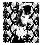  1girl apron bangs blending blunt_bangs blush bob_cut border closed_mouth curtain_grab curtains floral_print frilled_apron frilled_hairband frills greyscale hairband hand_up hatching_(texture) linear_hatching long_sleeves looking_at_viewer maeya_susumu maid maid-san_wa_taberu_dake maid_apron maid_headdress monochrome official_art one_eye_covered peeking_out short_hair signature smile solo straight-on suzume_(maid-san_wa_taberu_dake) swept_bangs upper_body white_border 