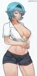  1girl alternate_costume black_hairband black_shorts blue_hair breasts cleavage collared_shirt crop_top curvy eula_(genshin_impact) fingers_together gelldraws genshin_impact hairband highres large_breasts medium_hair navel shirt short_shorts shorts solo standing thighs tied_shirt white_shirt yellow_eyes 