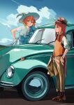  2girls absurdres alternate_costume animal_ears aqua_eyes blue_eyes bow bowtie brown_hair car commentary ears_through_headwear english_commentary fuyukayui gloves grass_wonder_(umamusume) ground_vehicle hat headwear_request highres horse_ears horse_girl horse_tail long_hair looking_at_viewer motor_vehicle multiple_girls orange_hair sidelocks taiki_shuttle_(umamusume) tail umamusume vehicle_request vest volkswagen_beetle white_gloves 