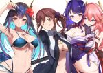  4girls ;q absurdres arknights arm_up armpits bangs bare_shoulders bikini blue_bikini blue_hair breasts brown_eyes brown_hair ch&#039;en_(arknights) ch&#039;en_the_holungday_(arknights) cleavage commentary_request commission cross cross_necklace dragon_horns flower genshin_impact hair_flower hair_ornament head_tilt hibiscus highres horns japanese_clothes jewelry kimono large_breasts long_hair looking_at_viewer mole mole_under_eye multiple_girls navel necklace noel_(tsukihime) one_eye_closed parted_lips pink_hair purple_eyes purple_hair purple_kimono raiden_shogun red_eyes red_flower simple_background skeb_commission stomach swimsuit thighhighs thighs tongue tongue_out tsukihime upper_body white_background yae_(genshin_impact) yuzuruka_(bougainvillea) 