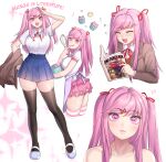  +++ 1girl :3 :d :q ? alternate_breast_size alternate_hair_length alternate_hairstyle alternate_height apron artist_name bangs black_legwear blue_skirt bowl breasts brown_jacket collarbone cropped_legs cupcake doki_doki_literature_club english_text eyebrows_visible_through_hair fang fang_out finger_to_mouth food grey_jacket hair_ornament hair_ribbon hairclip hand_on_hip hand_up highres holding holding_bowl holding_clothes holding_jacket jacket jacket_removed large_breasts laughing long_hair looking_at_viewer manga_(object) multiple_views natsuki_(doki_doki_literature_club) one-punch_man open_mouth pink_eyes pink_hair pink_skirt pleated_skirt potetos7 reading red_ribbon ribbon salute school_uniform shirt shoes short_sleeves sidelocks simple_background skirt smile source_quote sparkle star_(symbol) star_in_eye striped striped_legwear symbol_in_eye thighhighs tongue tongue_out two_side_up uwabaki whisk white_background white_shirt zettai_ryouiki 