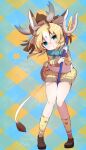  1girl absurdres blonde_hair blue_eyes eyebrows_visible_through_hair highres holding_trident horns japari_symbol karekusa_meronu kemono_friends looking_at_viewer multicolored_hair parted_lips polearm short_hair sivatherium_(kemono_friends) socks solo tail trident weapon white_hair 