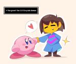  1other =_= absurdres alien androgynous beige_background blue_eyes blue_shirt blue_shorts blush crossover dialogue_box english_text frisk_(undertale) hair_behind_ear handshake heart highres kirby kirby_(series) open_mouth playcenter shirt shorts smile sparkle speech_bubble spoken_heart undertale 