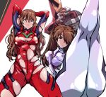  2girls ass blue_eyes bodysuit breasts cleavage dual_persona eva_02 evangelion:_3.0+1.0_thrice_upon_a_time evangelion:_3.0_you_can_(not)_redo eyepatch hairpods interface_headset kamisimo_90 legs legs_up long_hair looking_at_viewer multicolored_bodysuit multicolored_clothes multiple_girls neon_genesis_evangelion orange_bodysuit orange_hair pilot_suit plugsuit pose rebuild_of_evangelion red_bodysuit souryuu_asuka_langley thigh_gap torn_clothes wardrobe_malfunction white_bodysuit 