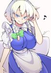 1girl absurdres apron bangs blue_dress bow braid breasts closed_mouth collar collared_shirt covered_nipples dress eyebrows_visible_through_hair hair_between_eyes hair_bow highres izayoi_sakuya kaitojaja19980520 large_breasts maid maid_headdress puffy_short_sleeves puffy_sleeves shirt short_hair short_sleeves smile solo standing touhou twin_braids white_apron white_shirt 