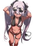  1girl armpits arms_behind_head bangs bikini blue_archive blush breasts dark-skinned_female dark_skin eyewear_on_head fu-ta grey_hair highres iori_(blue_archive) long_hair navel pointy_ears sandals solo sunglasses sweatdrop swimsuit tail twintails 