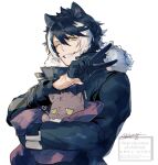 1boy :&lt; animal animal_ears bangs black_coat black_gloves black_hair cat coat eyebrows_visible_through_hair fur-trimmed_coat fur_trim gloves grin half_gloves highres holding holding_animal holostars hotate_rayan kageyama_shien long_sleeves looking_at_viewer multicolored_hair one_eye_closed parted_lips pixiv_username reddit_username simple_background slit_pupils smile solo twitter_username two-tone_hair upper_body v virtual_youtuber white_background white_hair yellow_eyes 