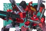  3boys aqua_background artist_name autobot border cliffjumper dual_wielding gun highres holding holding_gun holding_weapon ironhide lantana0_0 looking_to_the_side mecha multiple_boys no_humans outside_border parted_lips red_theme science_fiction sideswipe transformers weapon white_border 