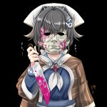  1girl black_background black_hair blood blue_sailor_collar blue_serafuku commentary_request dated halloween_(movie) headgear holding jingei_(kancolle) kantai_collection knife looking_at_viewer mask michael_myers neckerchief pink_blood sailor_collar shawl short_hair signature simple_background solo tk8d32 uniform upper_body white_bandana white_neckerchief 