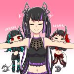  3girls bangs belt biting_arm black_footwear black_hair black_jacket black_legwear black_pants black_skirt black_sports_bra blue_belt blue_hair blunt_bangs breasts chest_belt chibi closed_eyes closed_mouth clothing_cutout commentary_request crop_top cropped_jacket cross-laced_pants cross-laced_sleeves demon_girl demon_horns demon_tail engacyo_(engacyo39800yen) eyebrows_visible_through_hair fang flat_chest full_body garter_straps heart highres horns jacket kojo_anna layered_skirt long_hair long_sleeves medium_breasts midriff multicolored_hair multiple_girls navel pants pink_background pointy_ears purple_hair red_eyes red_hair red_pants russian_text ryugasaki_rene shishio_chris shoes short_hair shoulder_cutout single_thighhigh skin_fang skirt smile sneakers sports_bra sugar_lyric tail thighhighs translated twintails two-tone_hair two-tone_pants underboob upper_body virtual_youtuber zipper_skirt 