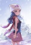  1girl beanie black_hair black_shirt cloud commentary_request dawn_(pokemon) day hat highres long_hair looking_at_viewer looking_back outdoors pink_skirt pokemon pokemon_adventures red_scarf scarf shirt skirt sky sleeveless sleeveless_shirt snow snowing solo thighhighs white_headwear yellow_eyes yusakichi8888 