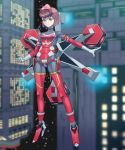  absurdres armor blurry blurry_background bob_cut bodysuit breasts brown_hair building commentary_request cyborg elbow_gloves floating forehead_protector full_body gloves grey_bodysuit high_heels highres hispol_(04-uma-alpha) jetpack mecha_musume personification short_hair sky skyscraper small_breasts solo sonic_(series) sonic_adventure_2 star_(sky) starry_sky thighhighs thrusters yellow_eyes 
