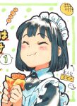  1girl ^_^ apron arrow_(symbol) bangs black_hair black_outline blunt_bangs blush bob_cut bread character_name chewing close-up closed_eyes closed_mouth colored_pencil_(medium) countdown dango dot_nose eating eyebrows_visible_through_hair food food_wrapper frilled_apron frilled_hairband frills from_side hairband hands_up holding holding_food maeya_susumu maid maid-san_wa_taberu_dake maid_apron maid_headdress melon_bread mitarashi_dango outline short_hair solo speech_bubble spoken_number suzume_(maid-san_wa_taberu_dake) taiyaki traditional_media upper_body wagashi white_apron white_background white_hairband wing_collar 