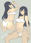  1girl ;p ass back black_hair bosshi bra breasts grey_background grin hair_ornament highres long_hair looking_at_viewer multiple_views navel one_eye_closed panties red_eyes sakugan simple_background sketch smile tongue tongue_out underwear underwear_only white_bra white_panties zackletu 