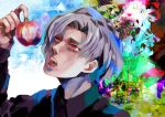  1girl absurdres bangs black_shirt blue_background collared_shirt green_background grey_hair hand_up highres kanae_von_rosewald kyuuba_melo long_sleeves multicolored_background open_mouth red_eyes shiny shiny_hair shiny_lips shirt short_hair solo teeth tokyo_ghoul tokyo_ghoul:re upper_teeth 