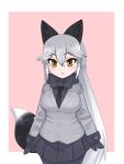  1girl alternate_color animal_ears aramaru bangs black_gloves black_legwear black_shirt black_skirt blazer bow bowtie brown_eyes commentary cowboy_shot eyebrows_visible_through_hair fox_ears fox_tail fur-trimmed_sleeves fur_collar fur_trim gloves grey_hair grey_jacket highres jacket kemono_friends long_hair long_sleeves looking_at_viewer miniskirt necktie open_mouth outside_border pantyhose pink_background pleated_skirt shirt silver_fox_(kemono_friends) simple_background skirt solo standing tail very_long_hair 