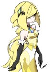  1girl ayakadegozans bangs bare_shoulders black_gloves blonde_hair breasts dress elbow_gloves gloves green_eyes hair_ornament highres long_hair looking_at_viewer lusamine_(pokemon) official_alternate_costume parted_lips pokemon pokemon_(game) pokemon_masters_ex simple_background sleeveless sleeveless_dress solo white_background 