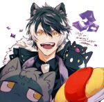  1boy :3 animal_ears bangs black_coat black_hair black_shirt cat coat congratulations creature creature_on_shoulder eyebrows_behind_hair food fur-trimmed_coat fur_trim hair_between_eyes holostars hotate_rayan kageyama_shien looking_at_viewer multicolored_hair necktie omurice on_shoulder open_mouth sharp_teeth shirt simple_background smile solo stole teeth twitter_username two-tone_hair upper_body v-shaped_eyebrows virtual_youtuber white_background white_hair white_necktie yellow_eyes 