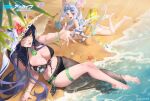  2girls :d absurdres animal_ears bare_legs beach bikini black_bikini black_hair blue_archive breasts cleavage copyright_name ears_through_headwear front-tie_bikini front-tie_top green_eyes grey_hair hat highres innertube jyuma large_breasts long_hair looking_at_viewer lying mouse_ears mouse_girl mouse_tail multiple_girls navel off_shoulder on_stomach outstretched_arm reclining red_eyes sarong saya_(blue_archive) see-through shun_(blue_archive) smile stomach straw_hat string_bikini swimsuit tail tassel thigh_strap very_long_hair water white_bikini white_headwear 