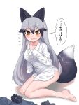  1girl @_@ animal_ears aramaru bangs barefoot borrowed_garments brown_eyes clothes_removed commentary eyebrows_visible_through_hair flying_sweatdrops fox_ears fox_tail frown fur_collar grey_hair highres kemono_friends long_hair looking_at_viewer naked_shirt no_pants open_mouth shadow shirt silver_fox_(kemono_friends) simple_background sleeves_past_fingers sleeves_past_wrists solo sweatdrop tail translated very_long_hair white_background 