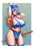  1girl absurdres armlet armor armpits blue_armor breasts brown_eyes brown_gloves brown_hair daisy_(dq) dragon_quest dragon_quest_yuusha_abel_densetsu fake_horns gloves helmet hero_(do-belman) highres horned_helmet horns large_breasts long_hair looking_at_viewer open_mouth solo sword warrior weapon 