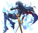  1girl blue_eyes blue_footwear blue_gloves blue_hair boots eyebrows_visible_through_hair fire_emblem fire_emblem_awakening gloves high_heel_boots high_heels highres holding holding_sword holding_weapon long_hair long_sleeves looking_at_viewer lucina_(fire_emblem) solo sword weapon yachima_tana 