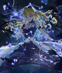  1girl absurdres aruhi_ohimesama_ni_natteshimatta_ken_ni_tsuite athanasia_de_alger_obelia blonde_hair blue_eyes crystal dress flower highres jewelry princess sapphire_(gemstone) water 