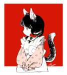  1girl animal_ear_fluff animal_ears apron bangs black_hair body_fur border bow cat_ears cat_girl cat_tail closed_mouth cropped_torso crosshatching expressionless frilled_apron frilled_sleeves frills from_side furry greyscale hair_bow hatching_(texture) limited_palette linear_hatching long_sleeves looking_away looking_to_the_side low_twintails maeya_susumu maid maid_apron monochrome original outside_border own_hands_together partially_colored profile puffy_long_sleeves puffy_sleeves red_background red_bow short_hair short_twintails sideways_mouth signature simple_background solo standing tail tail_raised tareme twintails upper_body v_arms waist_bow white_apron white_border wing_collar 