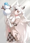  1girl absurdres animal_ears arctic_wolf_(kemono_friends) black_hair commentary_request elbow_gloves extra_ears eyebrows_visible_through_hair gloves grey_jacket grey_skirt highres jacket kemono_friends long_hair looking_at_viewer midriff multicolored_hair navel open_clothes open_jacket pantyhose plaid plaid_skirt plaid_trim pleated_skirt shirt skirt snowman solo tail tanabe_(fueisei) white_gloves white_hair white_legwear white_shirt wolf_ears wolf_girl wolf_tail yellow_eyes 