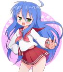  1girl :3 :d ahoge bangs blouse blue_hair commentary cowboy_shot double_horizontal_stripe eyebrows_visible_through_hair green_eyes hand_on_hip izumi_konata kemu_(guruguru_dan) long_hair long_sleeves looking_at_viewer lucky_star midriff_peek miniskirt mole mole_under_eye neckerchief open_mouth pleated_skirt red_sailor_collar red_skirt ryouou_school_uniform sailor_collar school_uniform serafuku skirt smile solo standing v very_long_hair white_blouse 