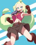  1girl :d armpits baggy_shorts belt blonde_hair blue_background blue_eyes boots brown_belt brown_footwear brown_gloves brown_shorts clenched_hands clothes_lift flat_chest gloves goggles goggles_around_neck highres long_hair looking_at_viewer low-tied_long_hair memenpu midriff navel open_mouth panties panty_peek pink_panties qome sakugan shiny shiny_forehead shiny_skin shirt shorts sleeveless sleeveless_shirt smile solo striped striped_background tied_hair underwear very_long_hair 