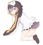  1girl :o all_fours animal_hood bangs black_hoodie brown_hair english_commentary eyebrows_visible_through_hair from_behind highres hood hoodie looking_at_viewer looking_back multicolored_hair nijisanji nijisanji_en open_mouth orange_hair penguin_hood penguin_tail petra_gurin purple_eyes short_hair skirt so_nagi_(artist) solo streaked_hair tail two-tone_hoodie virtual_youtuber white_background white_hoodie white_skirt 