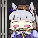  1girl bow bowtie chibi commentary ear_bow eating eyebrows_visible_through_hair gold_ship_(umamusume) hay headgear horse_girl jazz_jack lowres photo-referenced pillbox_hat pink_eyes puffy_short_sleeves puffy_sleeves purple_bow purple_bowtie real_life school_uniform shiny shiny_hair short_sleeves silver_hair solo summer_uniform tracen_school_uniform umamusume 