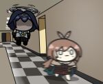  2girls blue_hair brown_cloak brown_hair chibi cloak floating_boy_chasing_running_boy hallway helicopter_hair_ornament hololive hololive_english meme multiple_girls nanashi_mumei ouro_kronii perspective running shaded_face short_hair solid_oval_eyes superappleman virtual_youtuber 