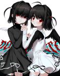  2girls ahoge artist_name bad_id bad_twitter_id bangs black_dress black_hair black_nails black_ribbon black_wings blunt_bangs blush dress ear_piercing empty_eyes eyebrows_visible_through_hair feathered_wings gradient gradient_background hair_between_eyes hair_intakes hair_ornament highres holding_hands mini_wings multiple_girls original parted_lips piercing red_eyes ribbon short_hair sleeves_past_wrists thighhighs two_side_up unxi white_background white_dress white_nails white_ribbon wings zettai_ryouiki 