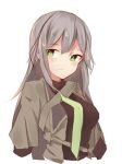  +_+ 1girl bad_id bad_pixiv_id bangs black_shirt brown_hair brown_jacket closed_mouth commentary girls&#039;_frontline green_eyes green_necktie inniyik jacket long_hair long_sleeves looking_at_viewer necktie shirt simple_background sketch smile solo ump40_(girls&#039;_frontline) white_background 