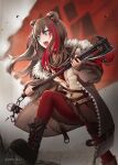  1girl animal_ears arknights ashes axe bangs bear_ears belt belt_buckle black_skirt blue_eyes blurry blurry_background boots brown_hair buckle chain choker coat commentary_request eyebrows_visible_through_hair eyes_visible_through_hair fangs flag full_body fur_trim highres holding holding_axe holding_weapon long_hair long_sleeves miniskirt neckerchief open_mouth pantyhose pleated_skirt red_hair red_legwear red_neckerchief sailor_collar school_uniform signature skirt smile solo stepping translucent_hair walking weapon yokaze_(yokajie) zima_(arknights) 