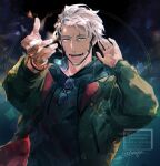  1boy arurandeisu beard black_hoodie eyewear_hang eyewear_removed facial_hair green_eyes green_jacket grey_hair hand_on_ear highres holostars hood hood_down hoodie hotate_rayan jacket long_sleeves looking_at_viewer male_focus multicolored_eyes open_mouth reaching_out solo teeth twitter_username two-sided_fabric two-sided_jacket upper_body virtual_youtuber wristband yellow_eyes 