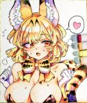 1girl alternate_costume animal_ears bare_shoulders bow bowtie breasts cleavage collarbone elbow_gloves eyebrows_visible_through_hair fang gloves heart kemono_friends large_breasts leotard looking_away marker_(medium) open_mouth orange_bow orange_bowtie orange_eyes orange_hair playboy_bunny_leotard serval_(kemono_friends) short_hair skin_fang solo speech_bubble spoken_heart tail traditional_media tsukeo white_gloves 